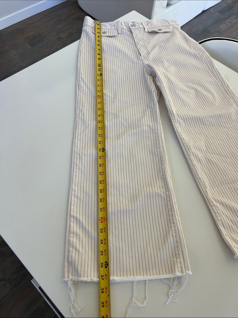PAIGE anessa tonal cream and tan stripe wide leg slight crop jeans raw hem 30 - Picture 5 of 10